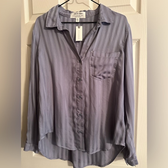 ANTHROPOLOGIE CLOTH & STONE GREY GRAY TONE ON TONE STRIPE SHIRT TENCEL BLOUSE sm - Picture 1 of 7